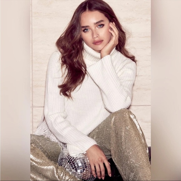 Lulus Freethinker Cream Studded Fringe Cropped Turtleneck Sweater large - Picture 12 of 15